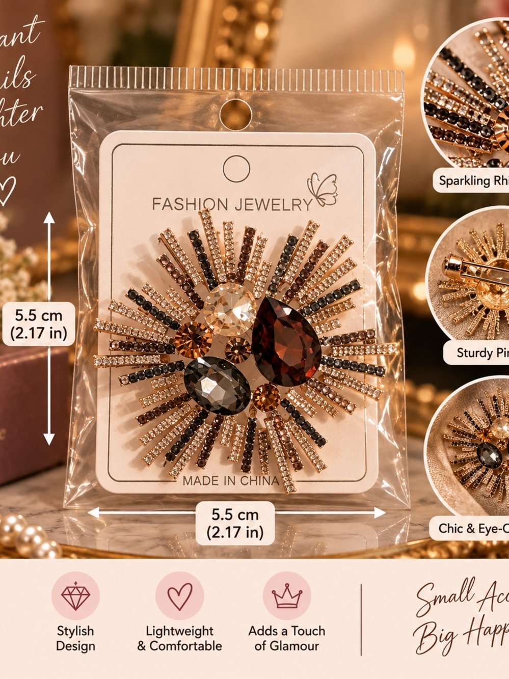 Fashion Jewelry Gold-Tone Multi-Stone Burst Brooch with Brown and Gray Accents